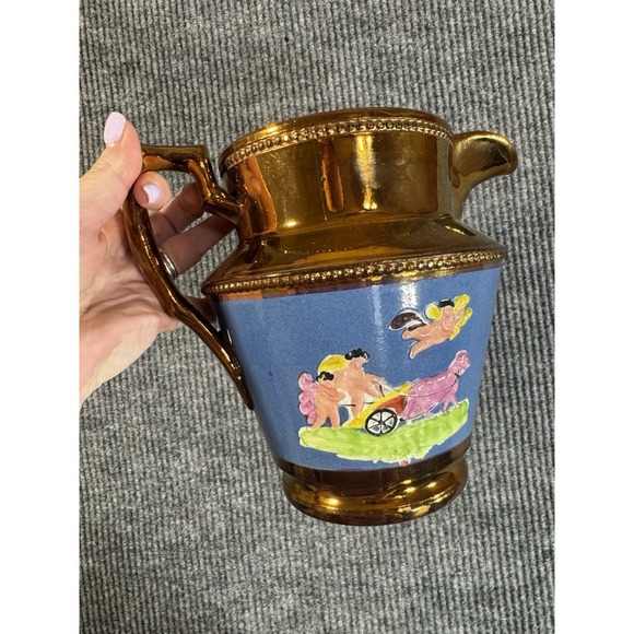 Unmarked Other - English Staffordshire copper luster Hand Painted Ceramic Pitcher Cherub Chariot